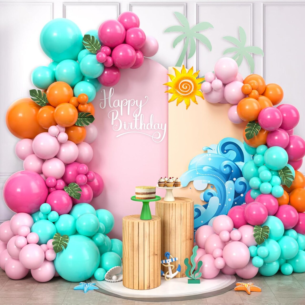 131Pcs Tropical Balloons Garland Arch Kit, 18" 12" 10" 5" Summer Hawaiian Balloon Arch with Palm Leaves, Baby Shower Birthday Party Supplies Adult Teen Kids Boys Girls Luau Party Decorations